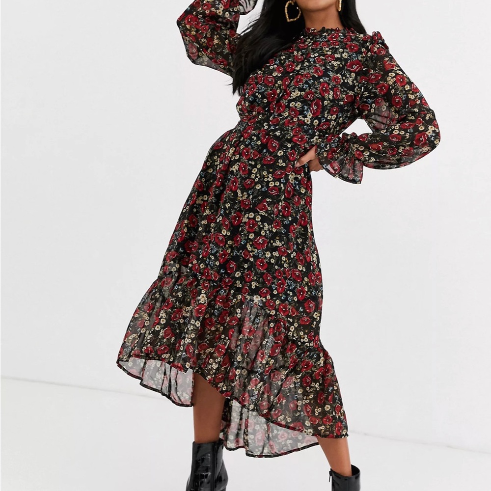Missguided midi smock dress with frill sleeves in floral print